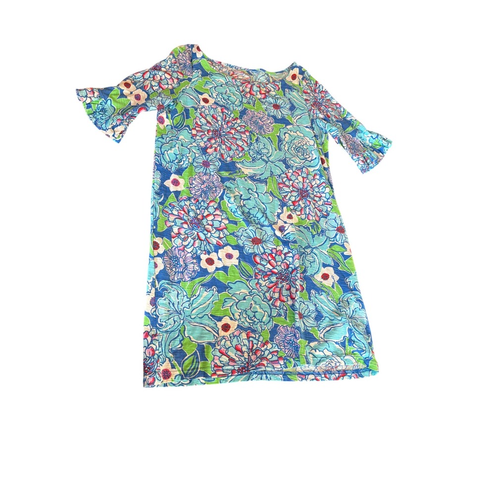 Lilly Pulitzer Dress Blue Green Floral Ruffle Sleeve Cotton Slub Shift Large